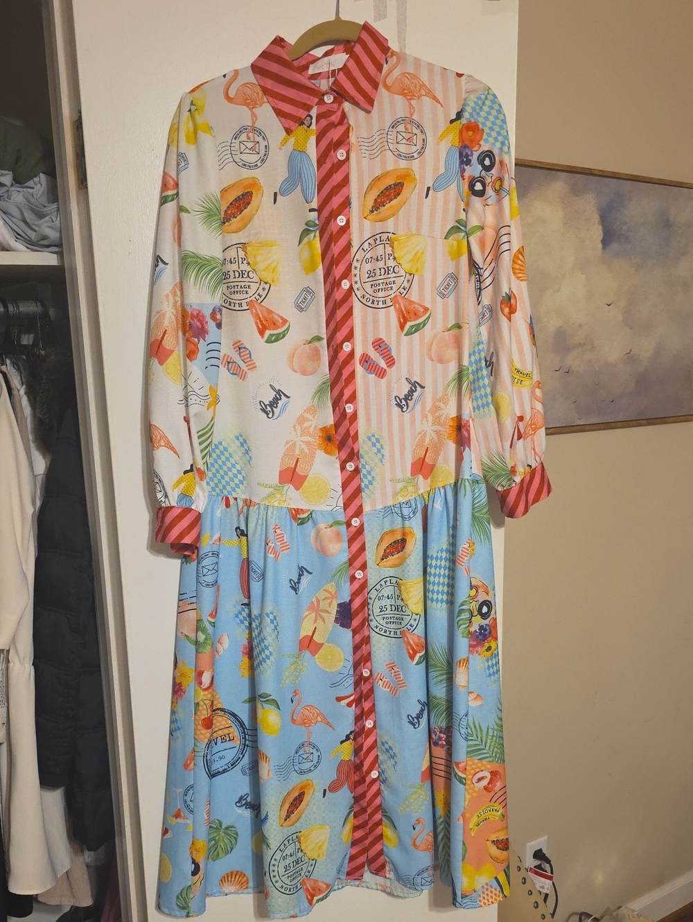 Women's Long-Sleeve Multi-Color Printed Shirt Dress with Pink Stripe Trim